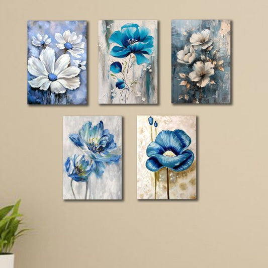 Set Of 5 Blue Flowers Wall Art Wooden Frames For Home