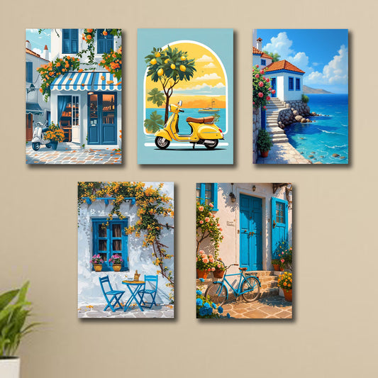 Set Of 5 Italian Vintage Homes Art Themed Wall Art Wooden