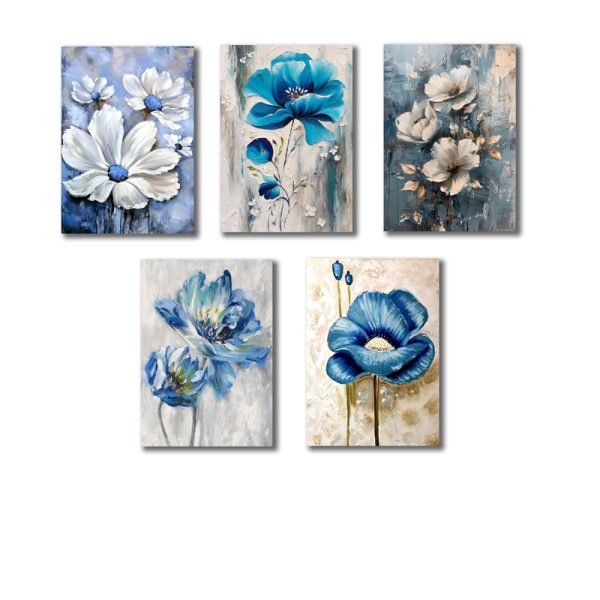 Set Of 5 Blue Flowers Wall Art Wooden Frames For Home